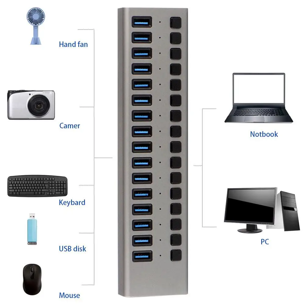 

16-Port USB 3.0 Hub With Power Adapter And Charging Port & Individual Power Switches