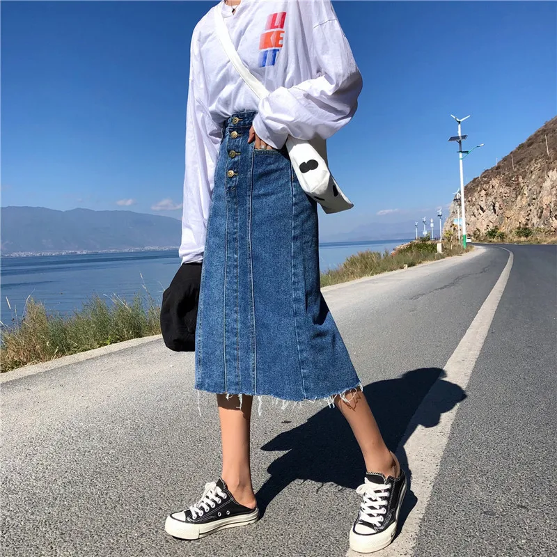

Photo Shoot 2019 Spring Summer New Style WOMEN'S Dress Mid-length Denim Skirt Irregular High-waisted Slit Cowboy Skirt