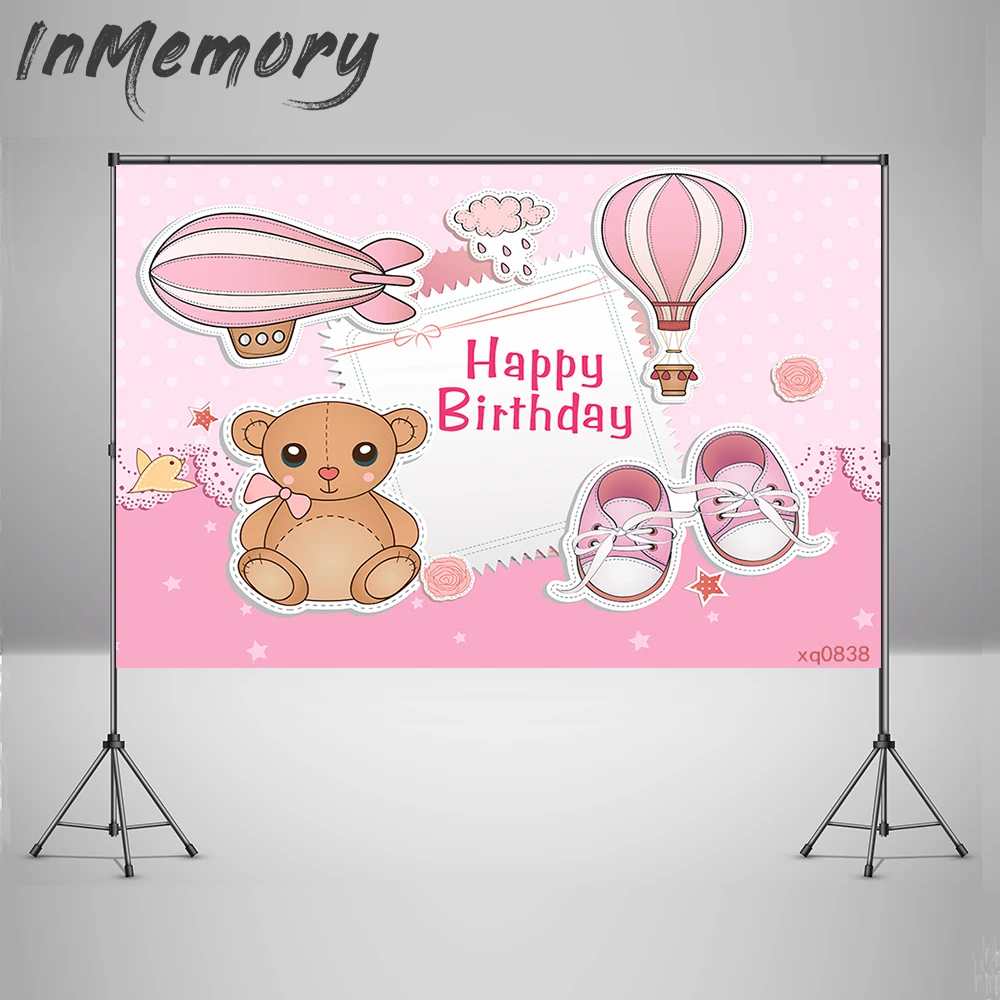 Pink Hot Air Balloons Backdrop Custom Newborn Baby Shower Photography Background Bear Girls Birthday Banner Photocall | Электроника