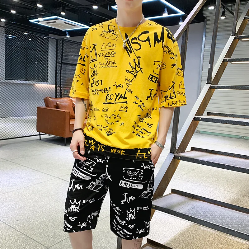 

Summer Thin Section Men Camouflage Hooded Two-Piece Set Large Size Origional Hong Kong Style Leisure Sports Suit Men's