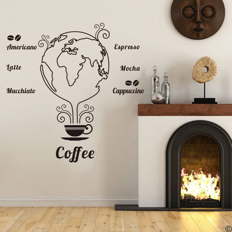 Large Coffee Beans Cups Cafe Earth Globe Wall Stickers Kitchen Restaurant Coffee World Map Globe Wall Decal Dinning Room Vinyl (2)