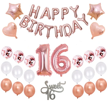 

Rose Gold Sweet 16 Party Decorations WITH 40 Inch Number Balloon Happy Birthday Foil Balloon Cake Topper Sweet 16 Party Supplies