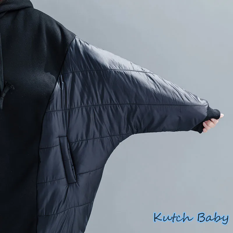 Kutch baby, осенняя и зимняя супер большая женская толстовка с капюшоном, женский топ, пуловер с капюшоном, хлопковая Толстая Флокированная черная панель