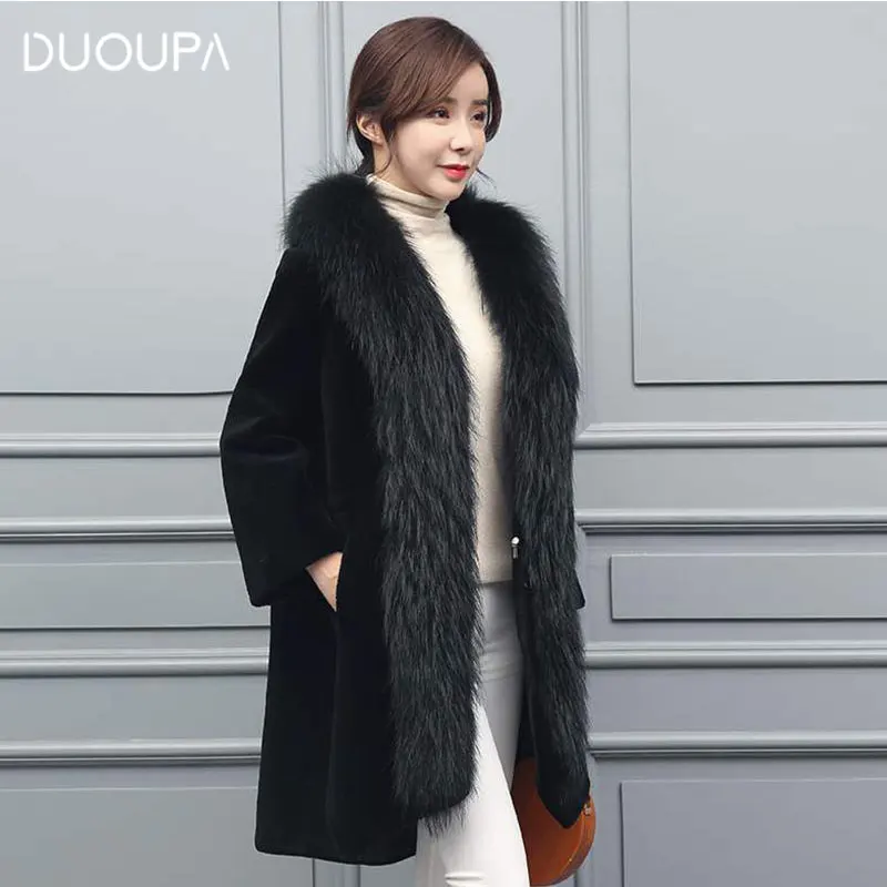 Женская куртка средней длины DUOUPA модная теплая шерстяная Шуба с воротником из