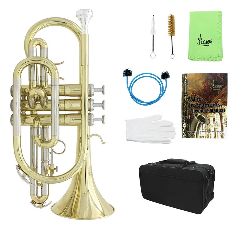 Slade Bb Flat Cornet Professional Bb Flat Cornet Brass Beginner Musical Instrument with Carrying Case Gloves Cleaning Cloth Brus