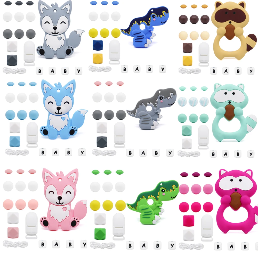 

Silicone Teether Beads Set BPA Free Food Grade DIY Baby Teething Necklace Toy Cartoon Crocodile Squirrel Pacifier chain Clip