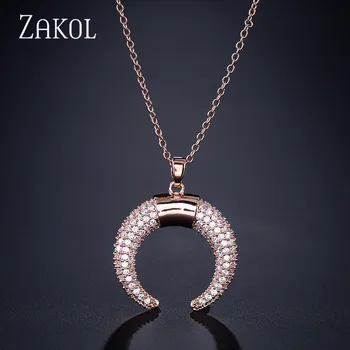 

ZAKOL New Fashion Exquisite Cubic Zirconia Moon Pendant Necklaces for Lovely Women Wedding Jewellery Free shipping FSNP2040