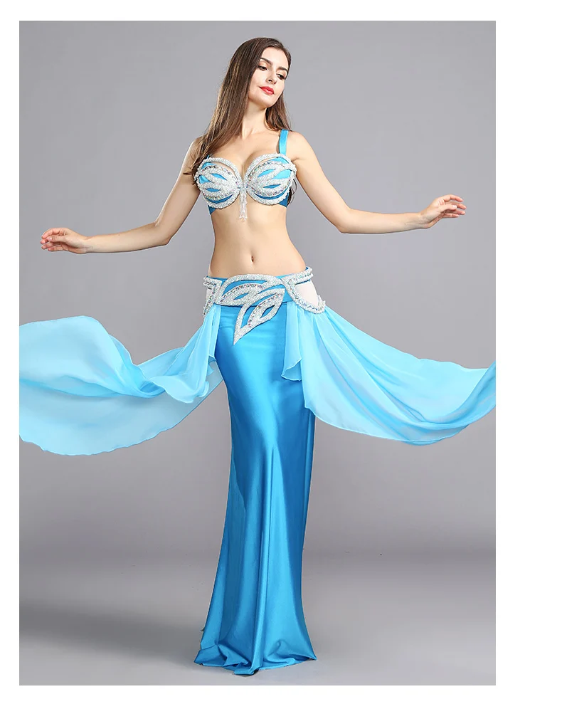 Новые пикантные живота Танцы костюм профессиональный Bellydance платье одежда блестящими стразами синего цвета костюмы для сцены: бюстгальтер и пояс юбка