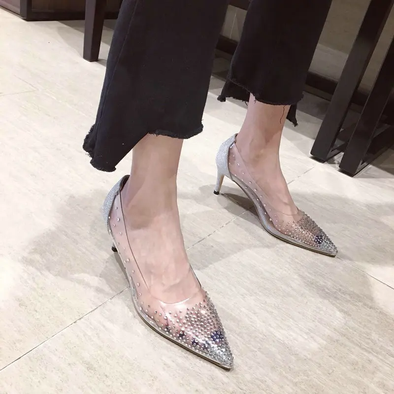 

Crystal Transparent Thin heel Sharp Color High-heeled Shoes Single Shoe Woman Autumn 2019