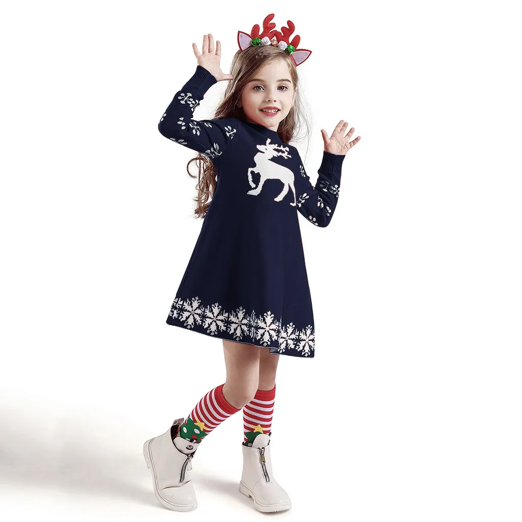Зимнее вязаное платье с рождественским оленем для маленьких девочек+ повязка на голову, наряды, модное рождественское платье