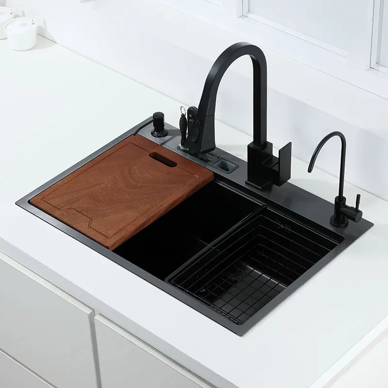 Black single kitchen sink With knife holder vegetable washing basin With cutting board stainless steel pia black sink 3