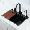 Black single kitchen sink With knife holder vegetable washing basin With cutting board stainless steel pia black sink 3