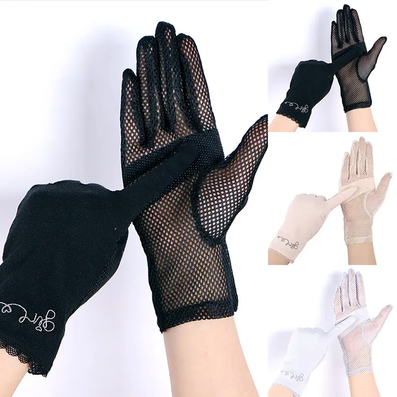 

Thin and Breathable Touch Screen Solid Color Anti Slip Driving Gloves Sunscreen Gloves Embroidered Mesh Full Finger Women Gloves
