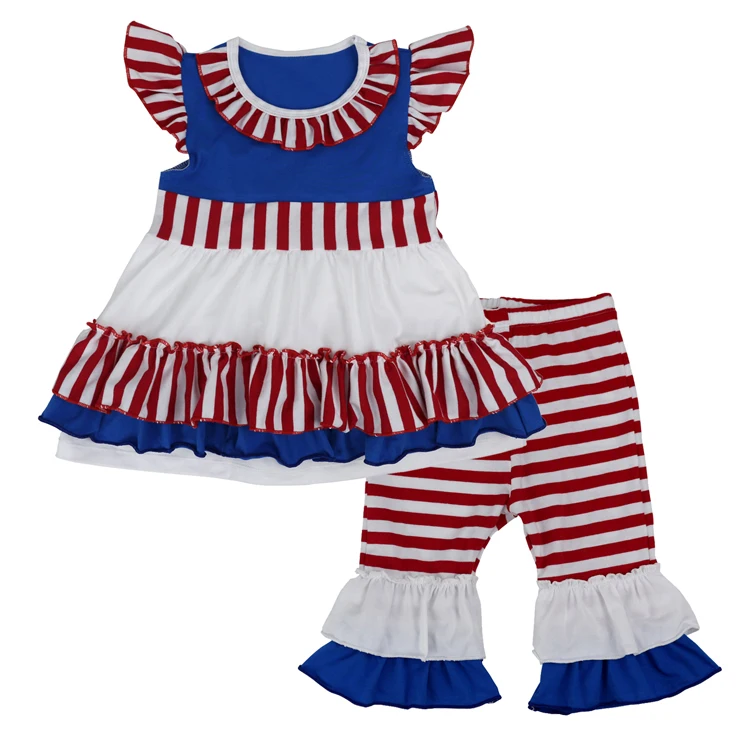 

4th of July Baby Girls Capri Pants Sets Stripe Dress Shirt Tops+Cropped Pants Toddler Outfits Independence Day Children Clothes