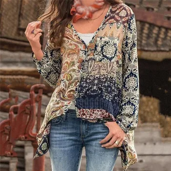 

GAOKE Women Tops And Blouses Long Sleeve Bohemian Beach Loose Female Shirt Blouse Boho Fashion V Neck Lady Top Blusas