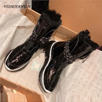 

Women's Chunky-soled British Style Autumn and Winter New Round Toe Reflective Shoelaces Front Zipper Short Velvet Boots Shoes