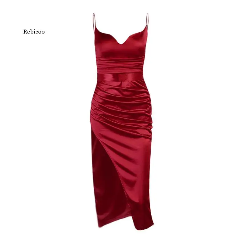 

Women Satin Dress Solid Strap Midi Dress Ruched High Slit Bodycon Sexy Streetwear Party Elegant Summer Dress New