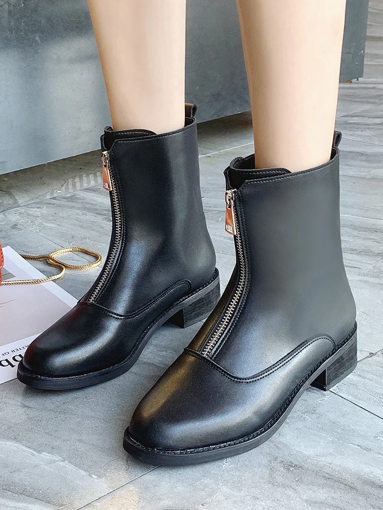 

Summer INS la lian xue Women's Vintage Front Martin Short round-Toe Thick Versatile round-Toe Zipper-back Boots Chunky Heel Guid