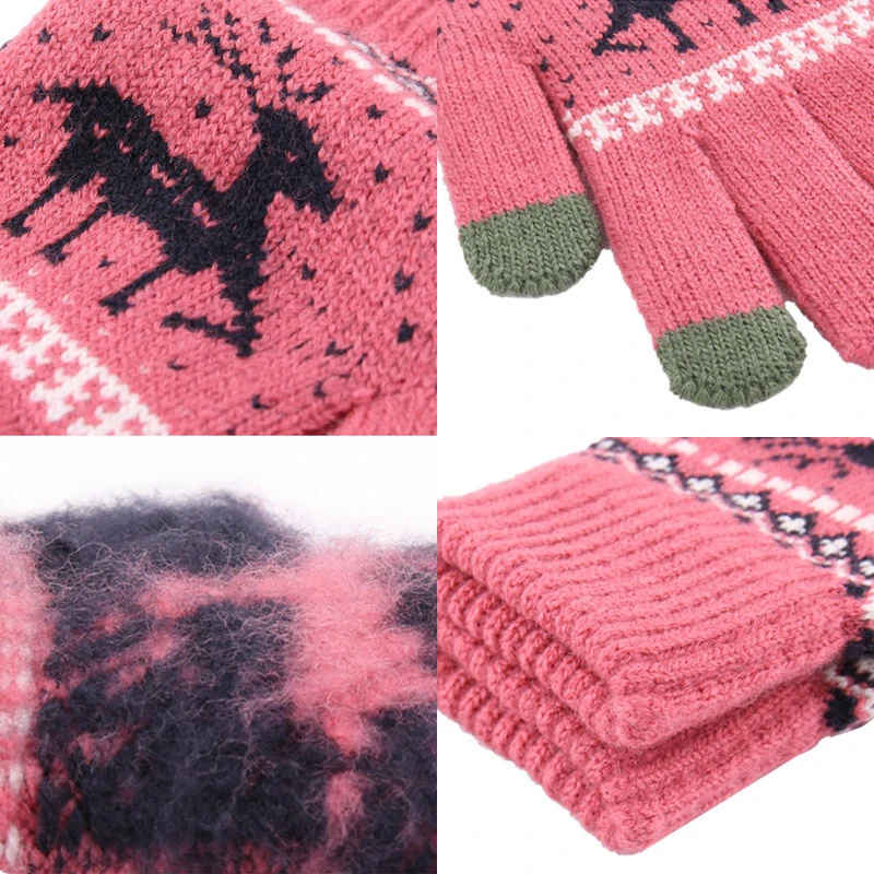 Women NEW Christmas Elk Deer Gloves Knitted Thicken Winter Warm Touch Screen Gloves Full Finger Mittens Red Pink Black Gloves