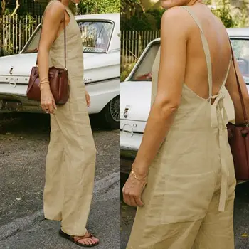 

Women Sexy Spaghetti Straps Long Jumpsuit Celmia Summer Wide Leg Pants Casual Solid Backless Party PLaysuits Dungarees Plus Size