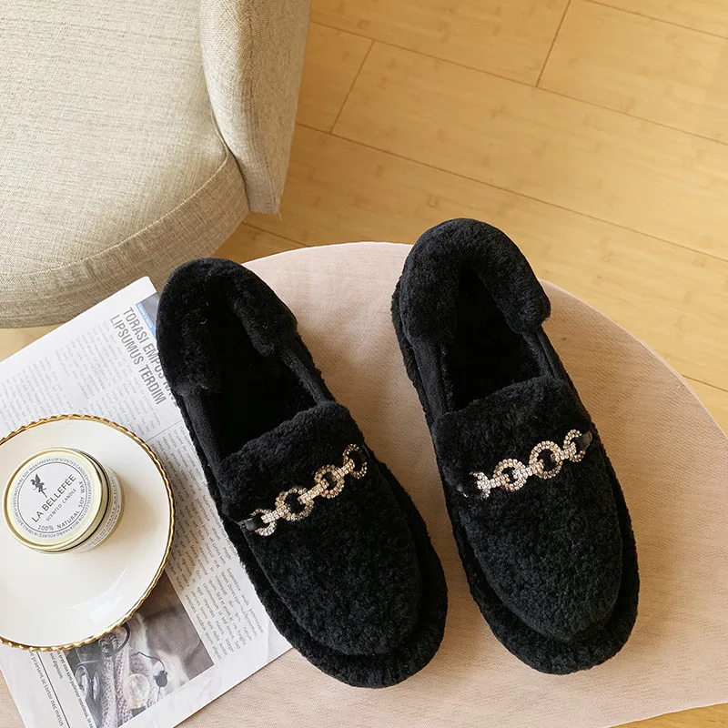 winter warm women cotton shoes creeper bottom anti-skid fur slip-on loafers rhinestone metal chain lazy outside casual moccasins