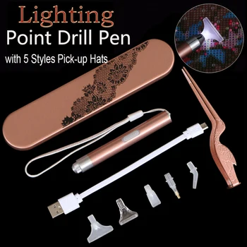 

2020 New USB Rechargeable Lighting Point Drill Pen With 5 Heads 5D Diamond Painting Embroidery Accessories DIY Tools