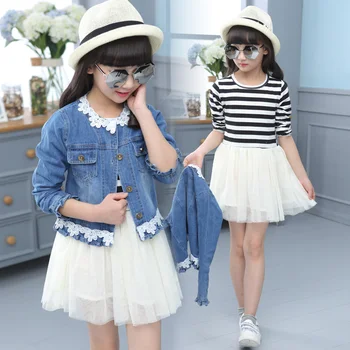 

Baby Girls Clothes Sets Lace Floral Denim Jackets + Striped Tutu Dresses 2PC Cute Kids Outfits Vestidos for 6 8 10 12 Years
