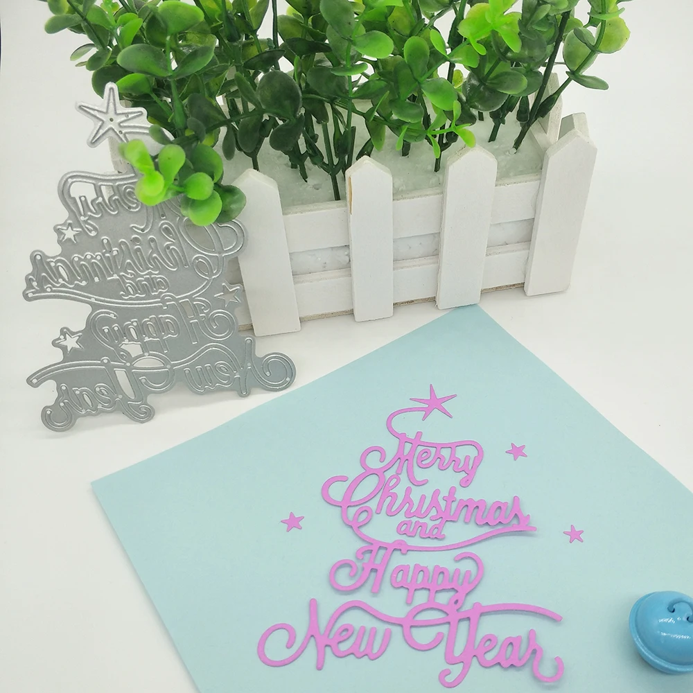 

Christmas tree shape Merry Christmas and Happy New Year metal cutter die, scrapbook, photo album decoration DIY handmade art