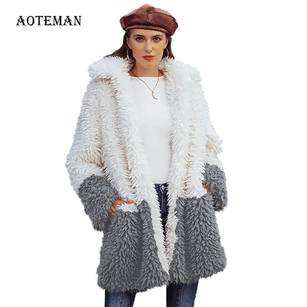 Осенне-зимнее женское пальто из искусственного меха, повседневное шерстяное пальто размера плюс, женский кардиган, теплый толстый мех, лоскутные куртки, верхняя одежда
