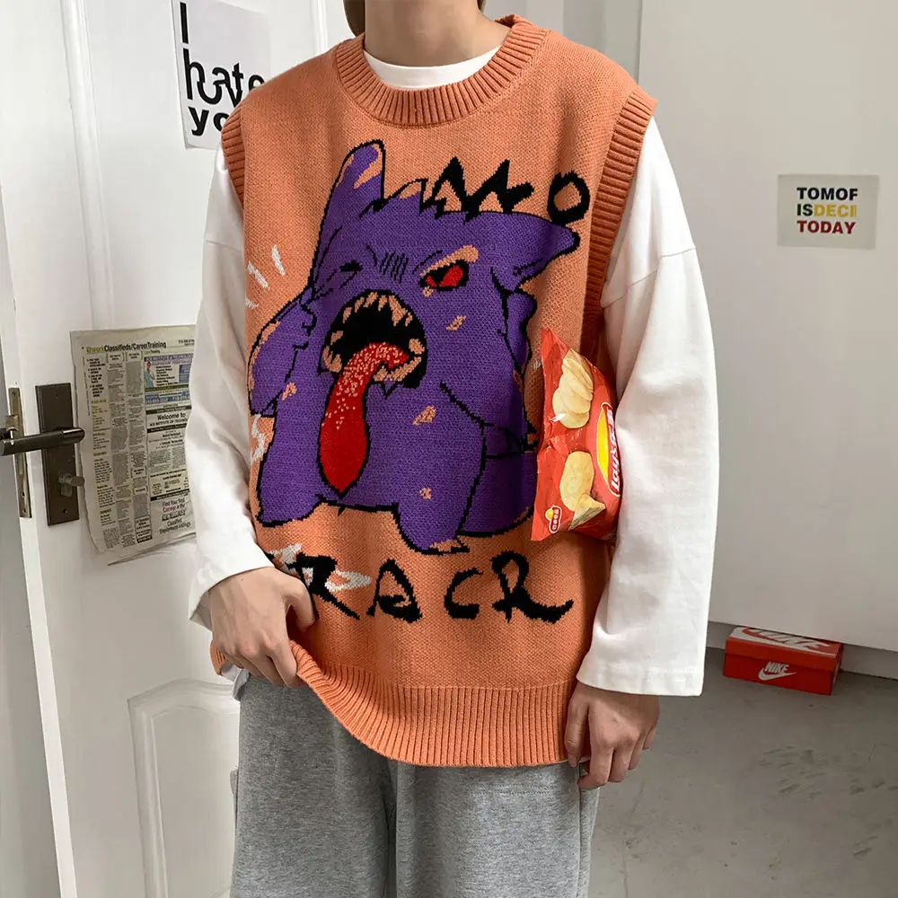 

2020 Autumn And Winter Men's New Multi Color Jacquard Pullover Vest Fashion Casual Cartoon Loose Sleeveless Sweater Size M-2XL