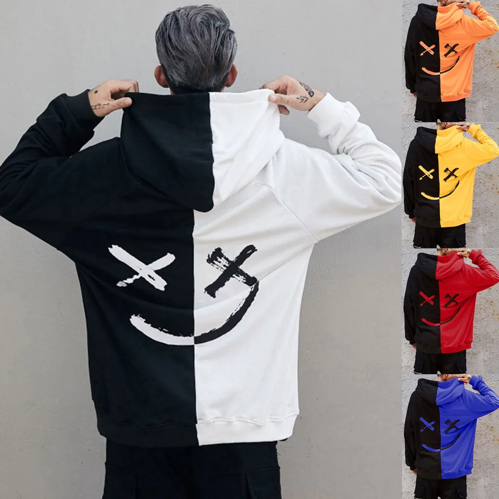 Mens Hoodies Sweatshirt Happy Smiling Face Print Mens Patchwork Hoodies Long Sleeve Hooded Pullover Jumper Sweatshirts Men