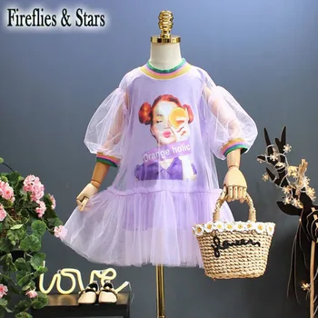 

Summer girls dress baby dress kids streetwear Children vestidos Europe girl puff sleeve mesh cape rainbow rib 4 to 14 yrs