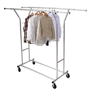 

Simple Houseware Heavy Duty Double Rail Clothing Garment Rack,Heavy Duty Rolling Clothes Organizer with Wheels Shelves Organizer