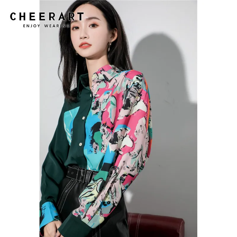 Женская блузка на пуговицах CHEERART с длинным рукавом и цветочным принтом Осенний