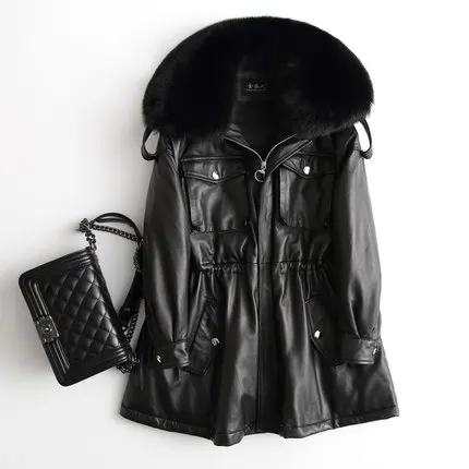 black black fur Женская куртка из натуральной кожи, Осень-зима, 90% утиный пух, куртка для женщин, натуральный Лисий мех, настоящая овчина, пальто, Chaqueta Mujer - Цвет: black black fur