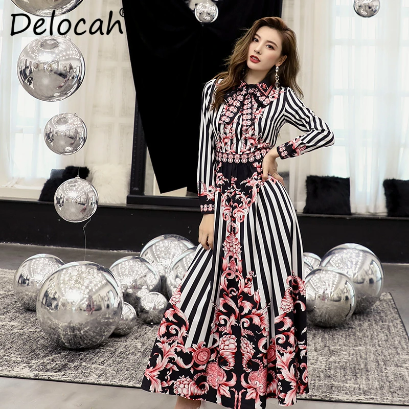 

Delocah New Runway Fashion Autumn Dresses Women's Long Sleeve Striped Printed High Waist Elegant Vintage Holiday Maxi Dresses