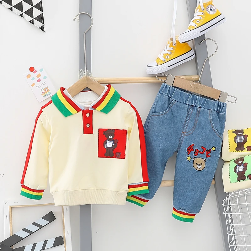 HYLKIDHUOSE 2020 Toddler Inafnt Clothing Sets Spring Baby Girls Boys Clothes Rainbow Colors Bear T Shirt Jeans Children | Детская одежда