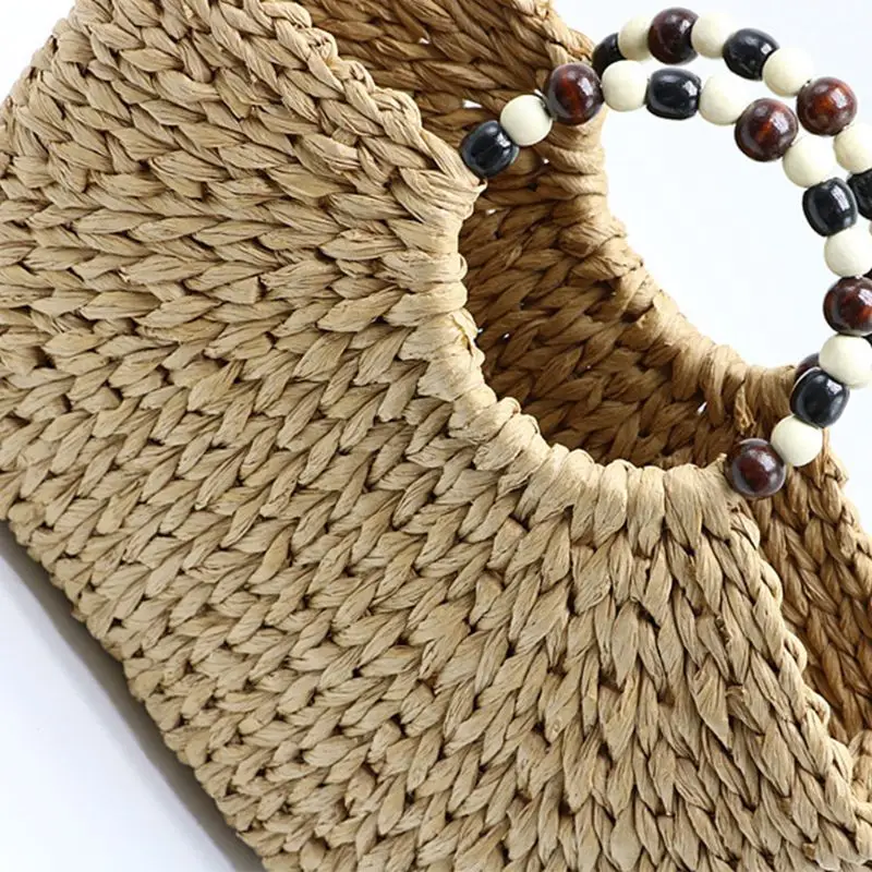 Beach Straw Bag Women Large Hand-woven Purse Summer Rattan Top-handle Tote Handbag with Beaded Handle X7XC