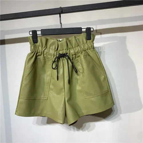 green yellow Кожаные шорты с высокой талией, Женская Корейская версия осенней и зимней моды размера плюс, свободные кожаные женские шорты s - Цвет: green yellow