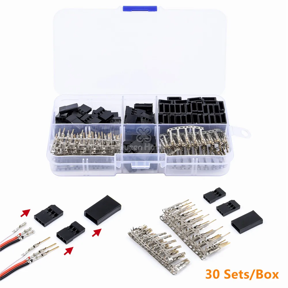 Queen hobby 30 Sets/Box High Quanlity Servo Plug Male Female Connector Crimp Pin Kit Compatible for Hitec Spektrum RC Model