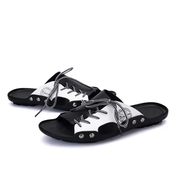 

Genuine Leather Men Gladiator Slippers Beach Summer Black White Mixed Colors Designer Flip Flops Lace-up Slippers Sandals Slides