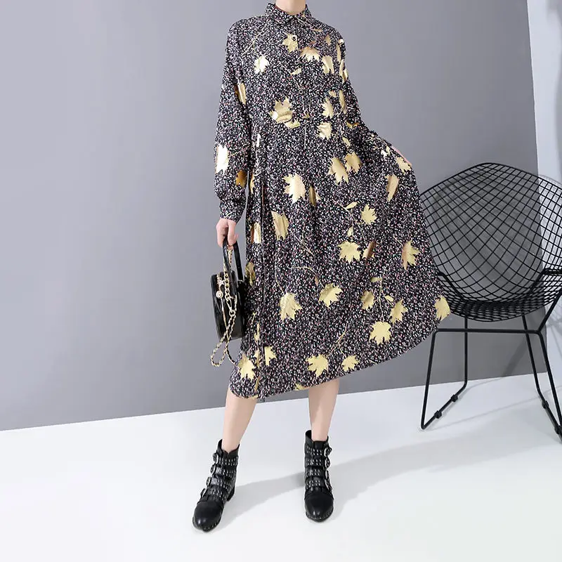 

Spring 2020 Dress Runway New Maple Leaf Floral Long Sleeve Shirt Dress OverSized Women Loose Turn-down Collar Midi Vestido f2839