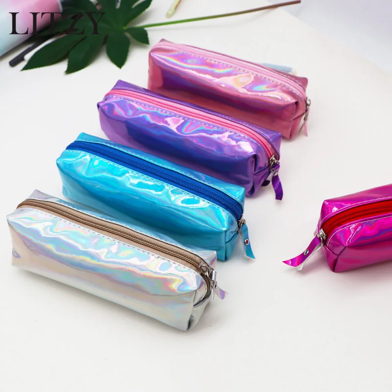 1Pcs Holographic Laser Pencil Case Handles for Girls Stationery Student High Quality PU Box Zipper Pen Bag School Supply | Канцтовары