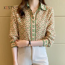 

Chic Women Chiffon Shirts Printed Elegant Office Lady Work Wear Shirts Autumn Spring Female Blouses Long Sleeve Femme Clothes