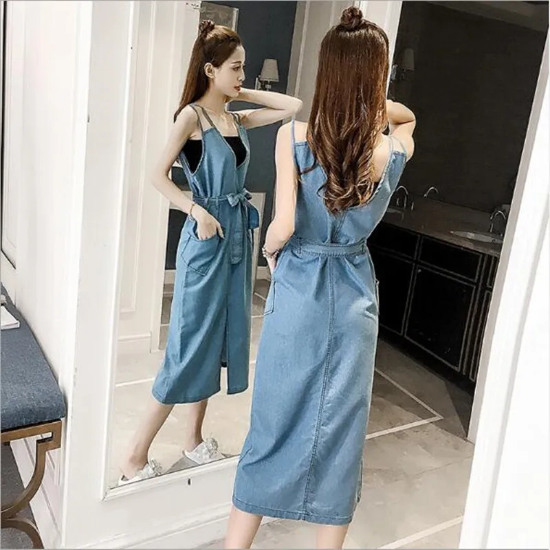 Vestido, длинное джинсовое платье, женское летнее платье с поясом и v-образным вырезом, джинсовое платье на бретелях, сарафан, джинсовое платье-комбинезон для женщин N228