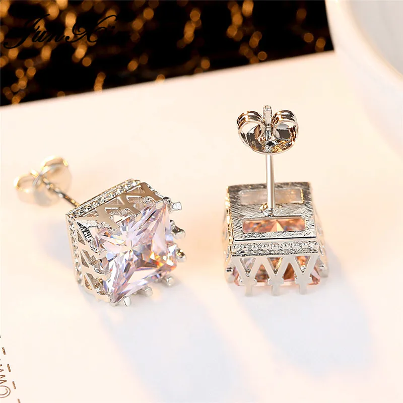 

Cute Princess Square Stud Earrings Silver Color White Zircon Stone Double Earrings For Women Geometric Earring Vintage Jewelry