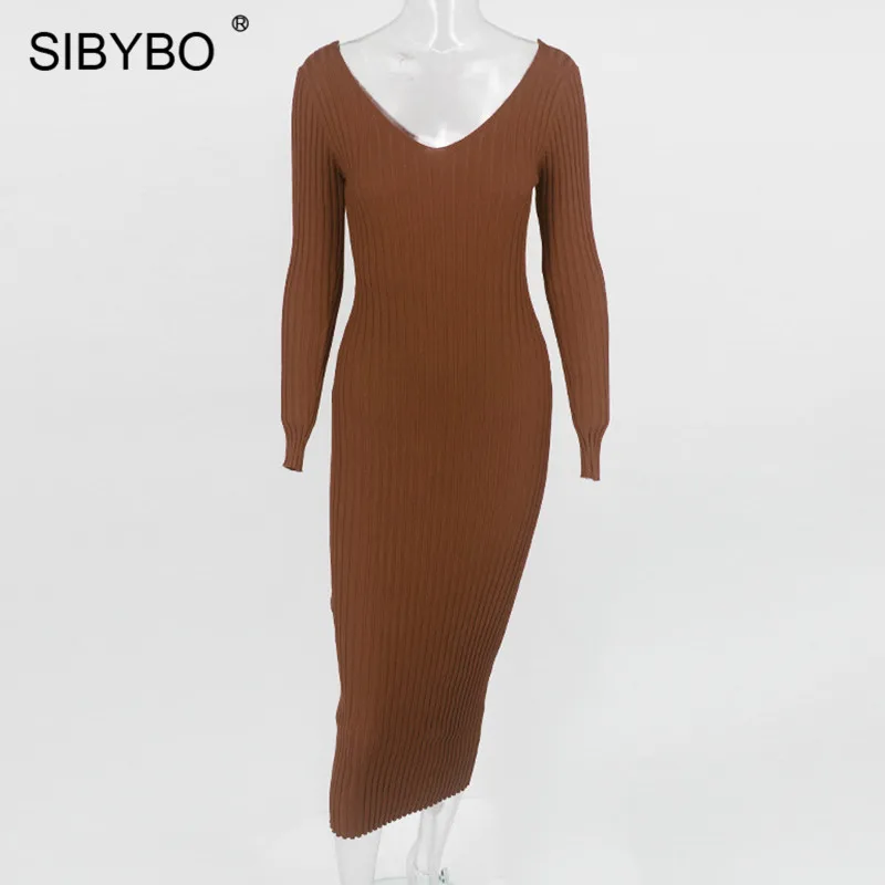 SIBYBO, зимнее трикотажное хлопковое платье в рубчик, женское сексуальное облегающее платье с открытыми плечами и длинным рукавом, однотонные вечерние платья с открытой спиной - Цвет: As Shown