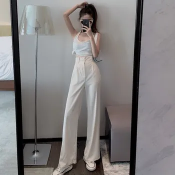 

2020 New Womens Casual Pants Loose Style Stright Suit Pants High Waist Chic Office Ladies Pants Trousers Streetwear Female Pants