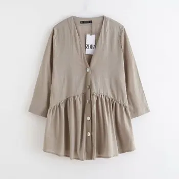 

women vintage V neck buttons pleats casual smock Shirts blouses office lady nine sleeve linen roupas femininas blusa tops LS4518