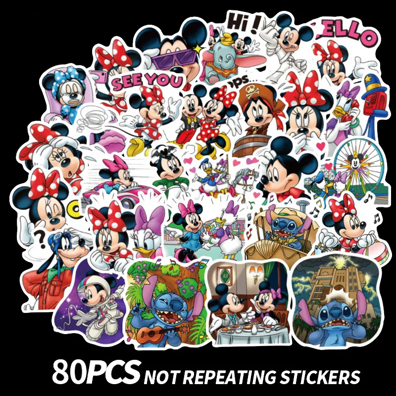 80 Pcs Mickey Mouse Disney Stickers Albums Graffiti Laptop Skateboard Luggage Guitar Bicycle Children Stitch Decal Sticker